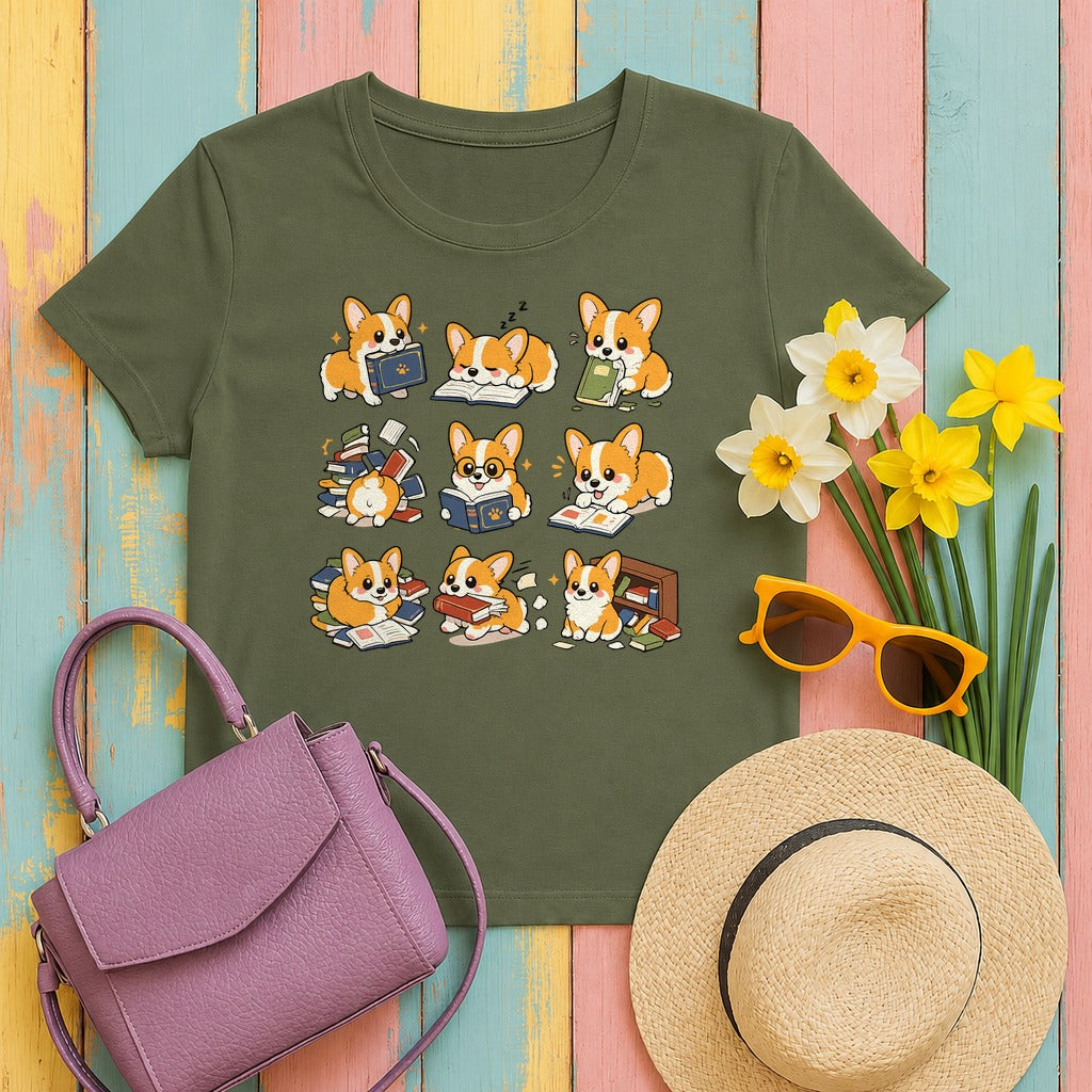 The Bookish Corgi T-shirt in Military Green