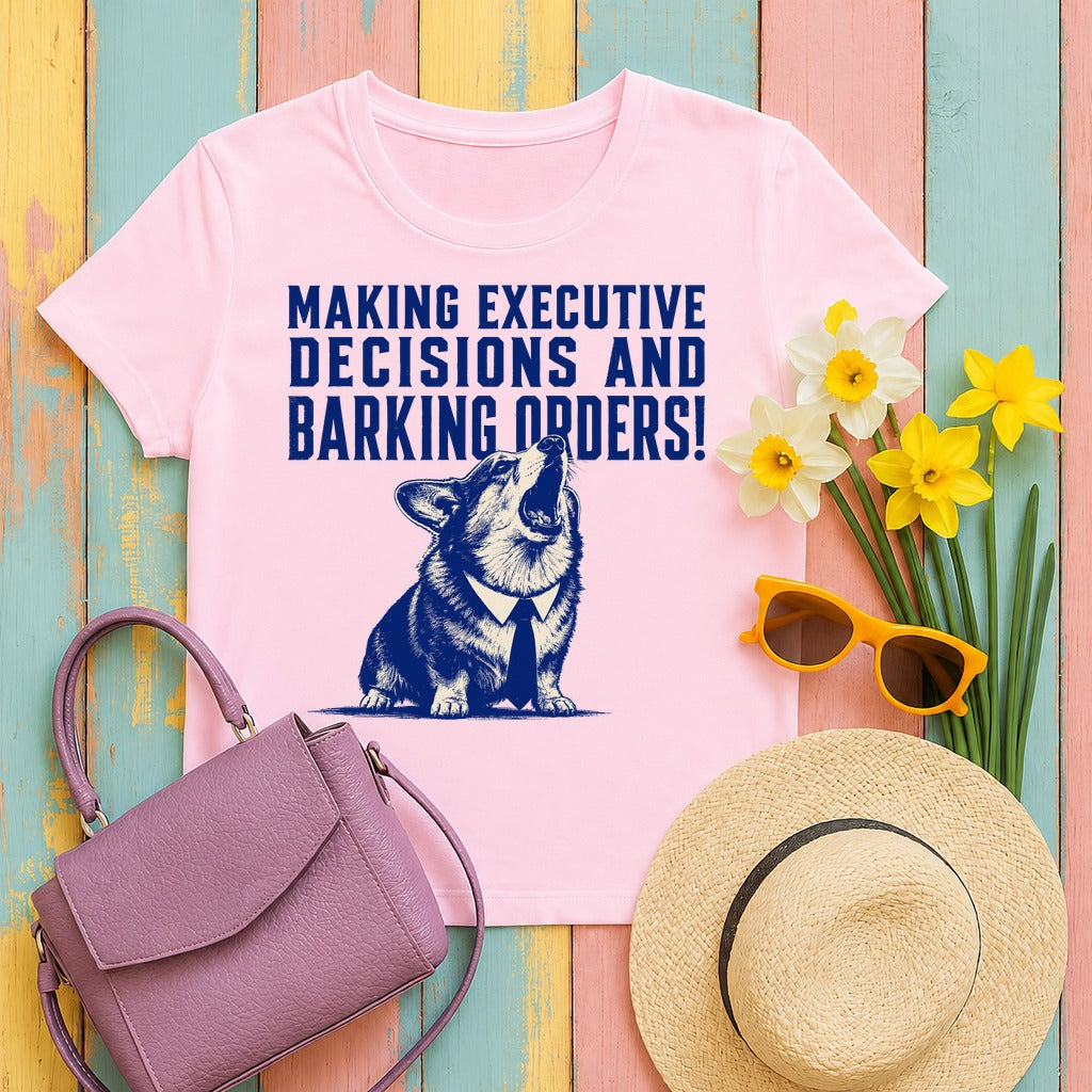 The Executive Corgi Decisions T-Shirt in Light Pink