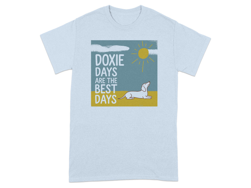Light blue t-shirt with dachshund and sun graphic, text "Doxie Days Are The Best Days".