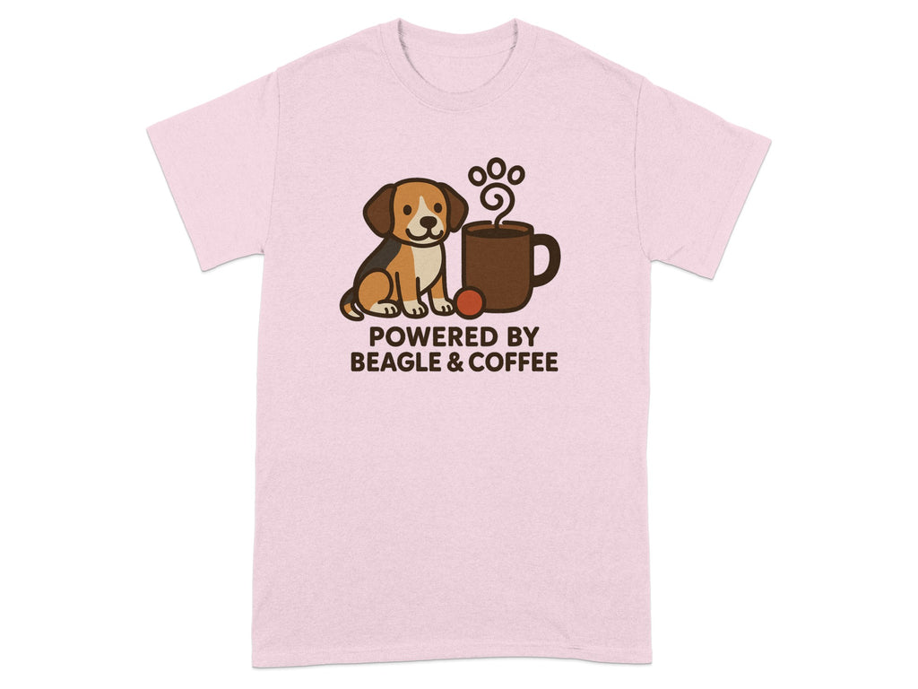 Pink t-shirt with cartoon beagle next to coffee cup, text reads "POWERED BY BEAGLE & COFFEE."