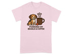 Pink t-shirt with cartoon beagle next to coffee cup, text reads "POWERED BY BEAGLE & COFFEE."