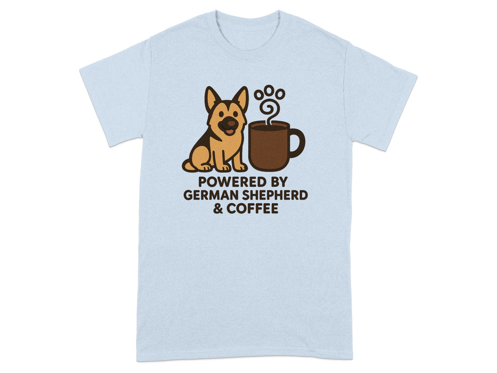 German Shepherd and coffee mug graphic with text "Powered by German Shepherd & Coffee".