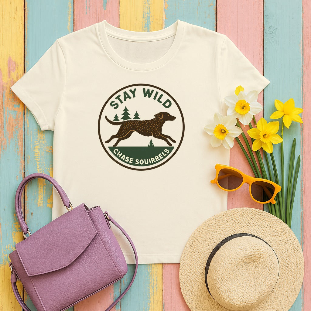 Curly-Coated Retriever Stay Wild Chase Squirrels Tee in Natural