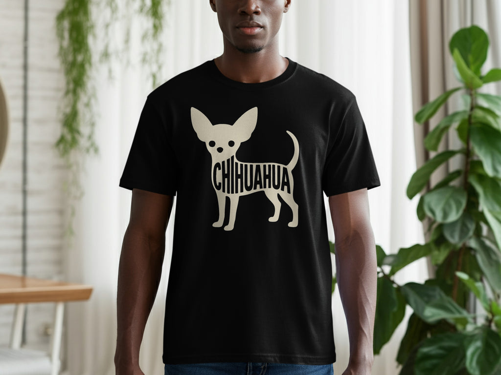 Black t-shirt with light beige chihuahua silhouette text design.