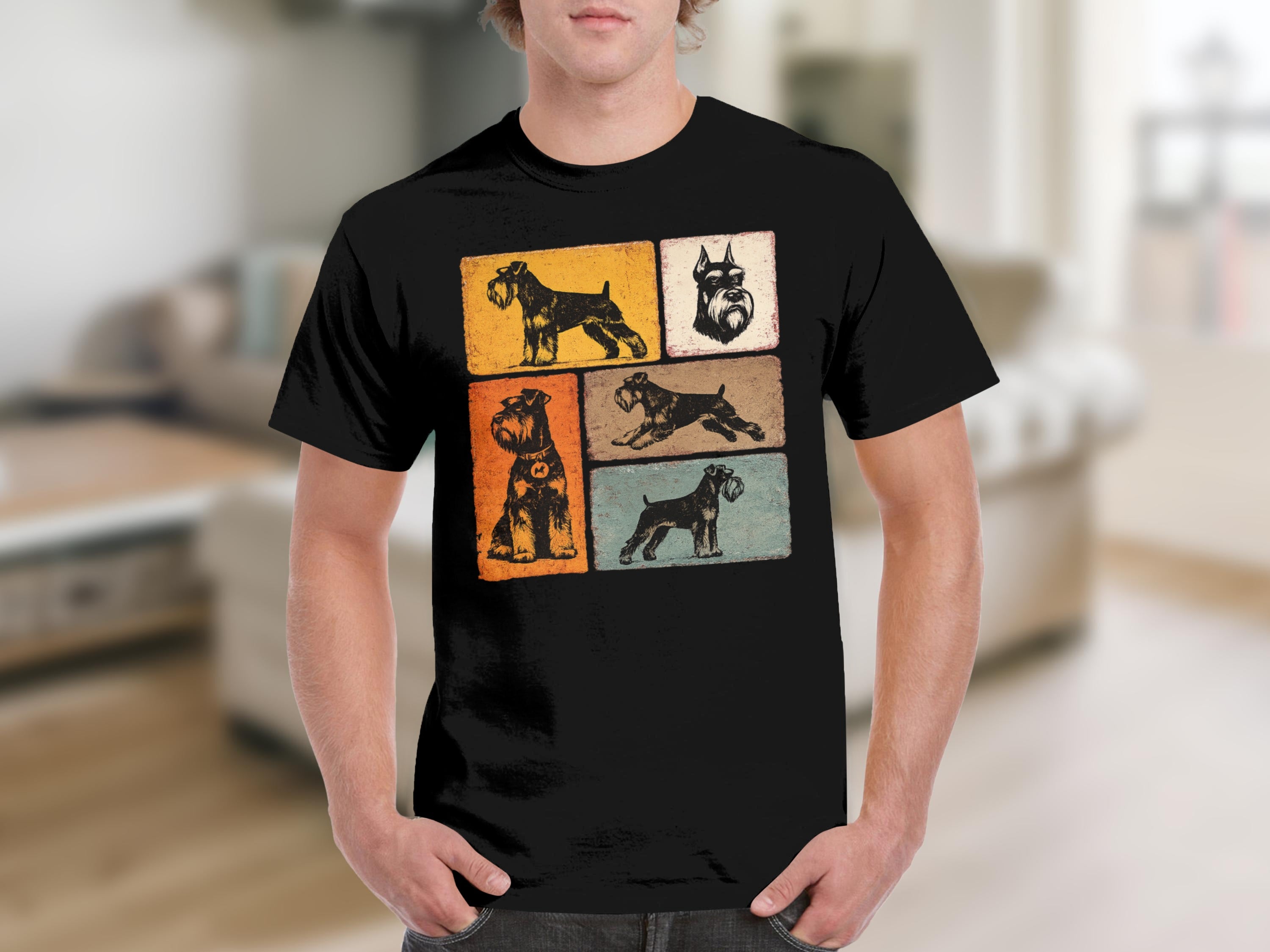 Black t-shirt with vintage distressed graphics of schnauzers in various poses.