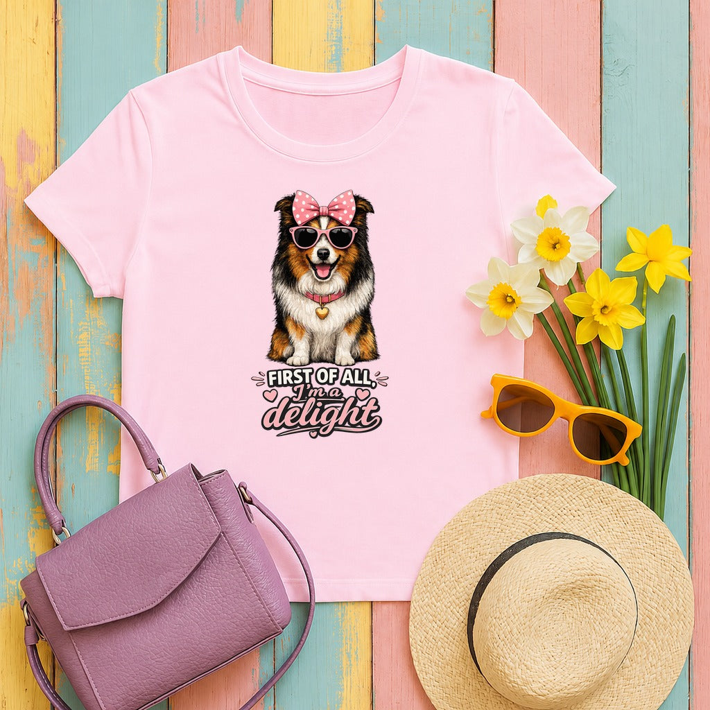 I'm a Delight Sheltie Bow T-Shirt in Light Pink