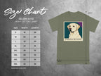 Gildan 5000 Heavy Cotton T-Shirt size chart with lab dog graphic and "Endless Hunger" text.