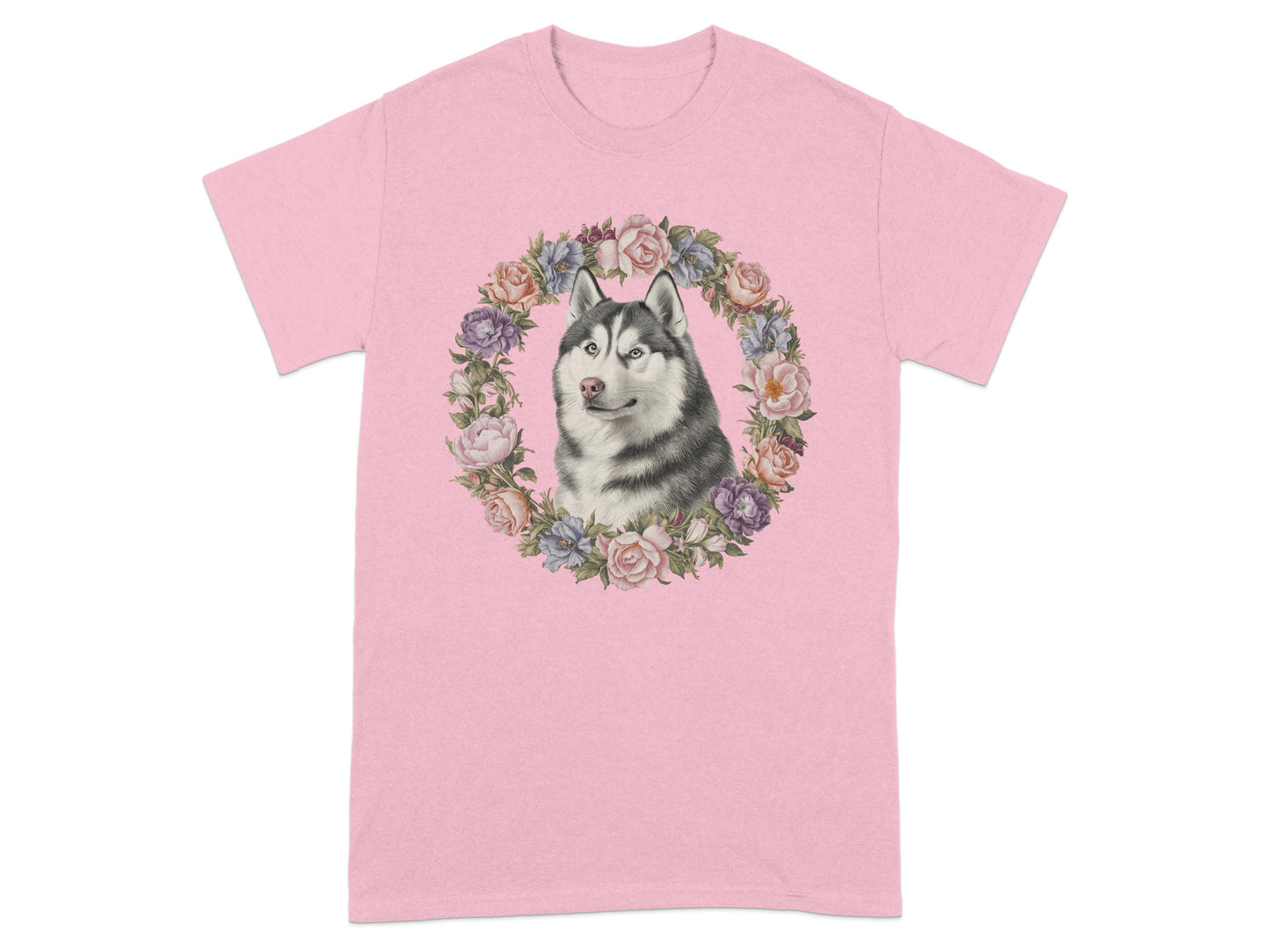 Husky Surrounded By Floral Wreath Pink T-shirt product