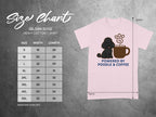 Gildan 5000 size chart with poodle and coffee graphic on pink t-shirt.