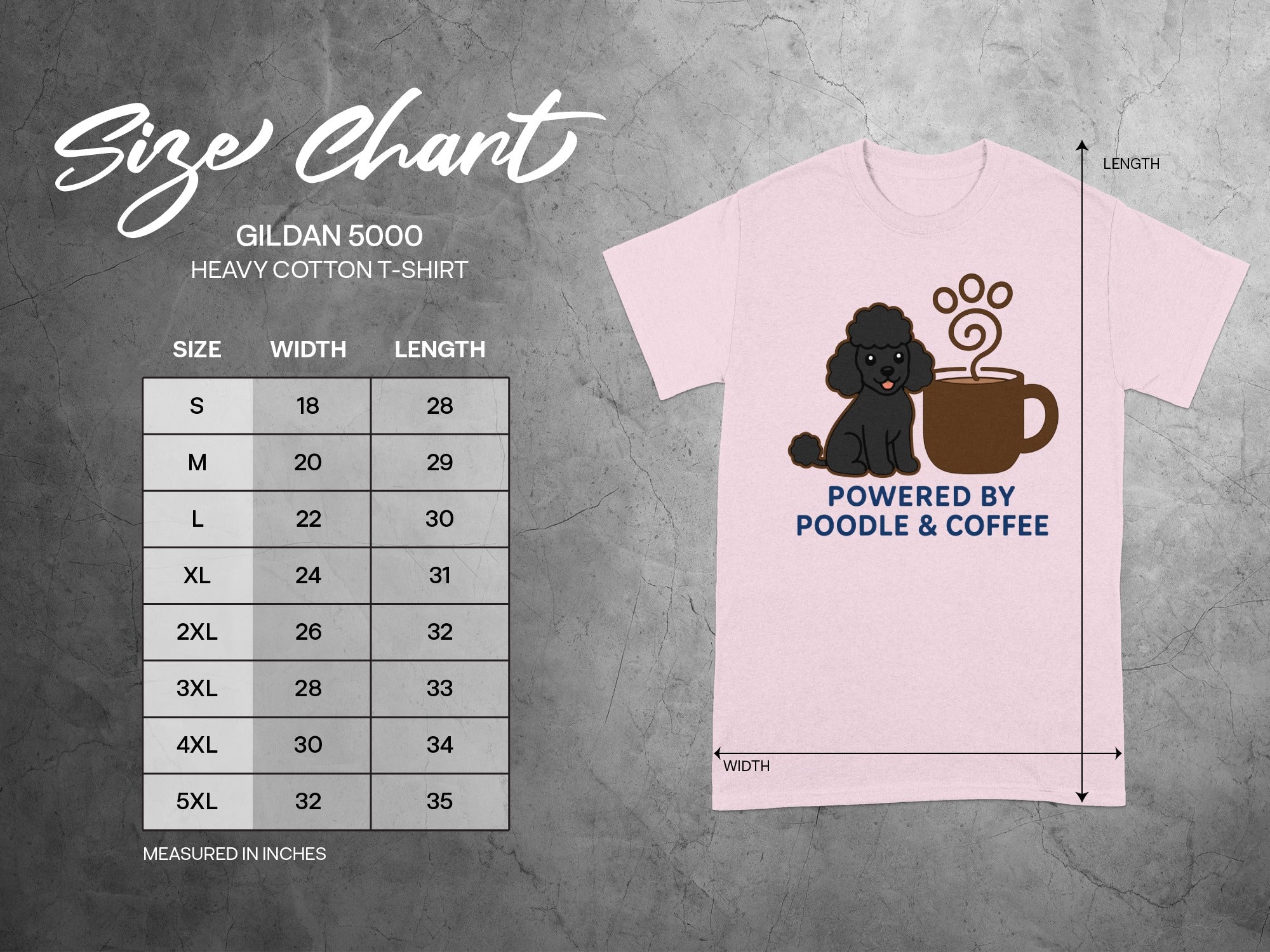 Gildan 5000 size chart with poodle and coffee graphic on pink t-shirt.