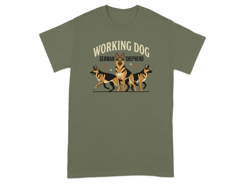 Three German Shepherd dogs stand in a row on a military green t-shirt.