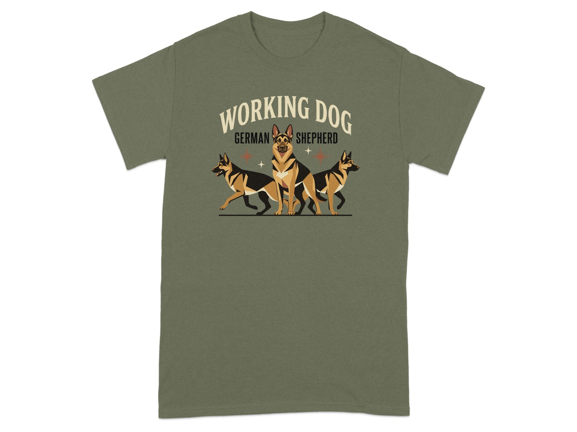 Three German Shepherd dogs stand in a row on a military green t-shirt.