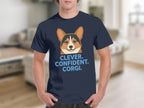 Navy t-shirt with a corgi illustration and "CLEVER. CONFIDENT. CORGI." text.