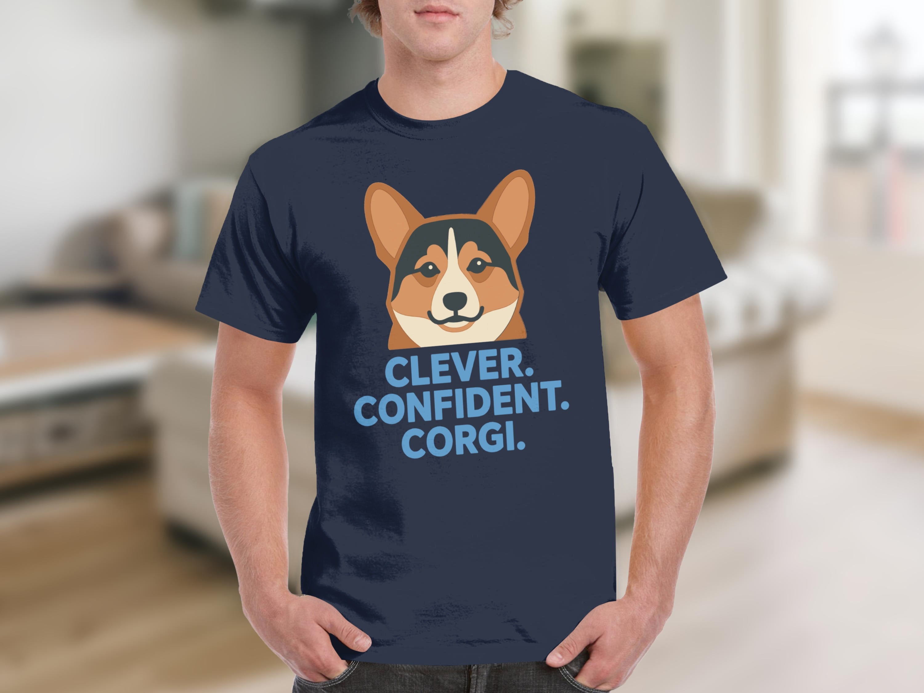 Navy t-shirt with a corgi illustration and "CLEVER. CONFIDENT. CORGI." text.