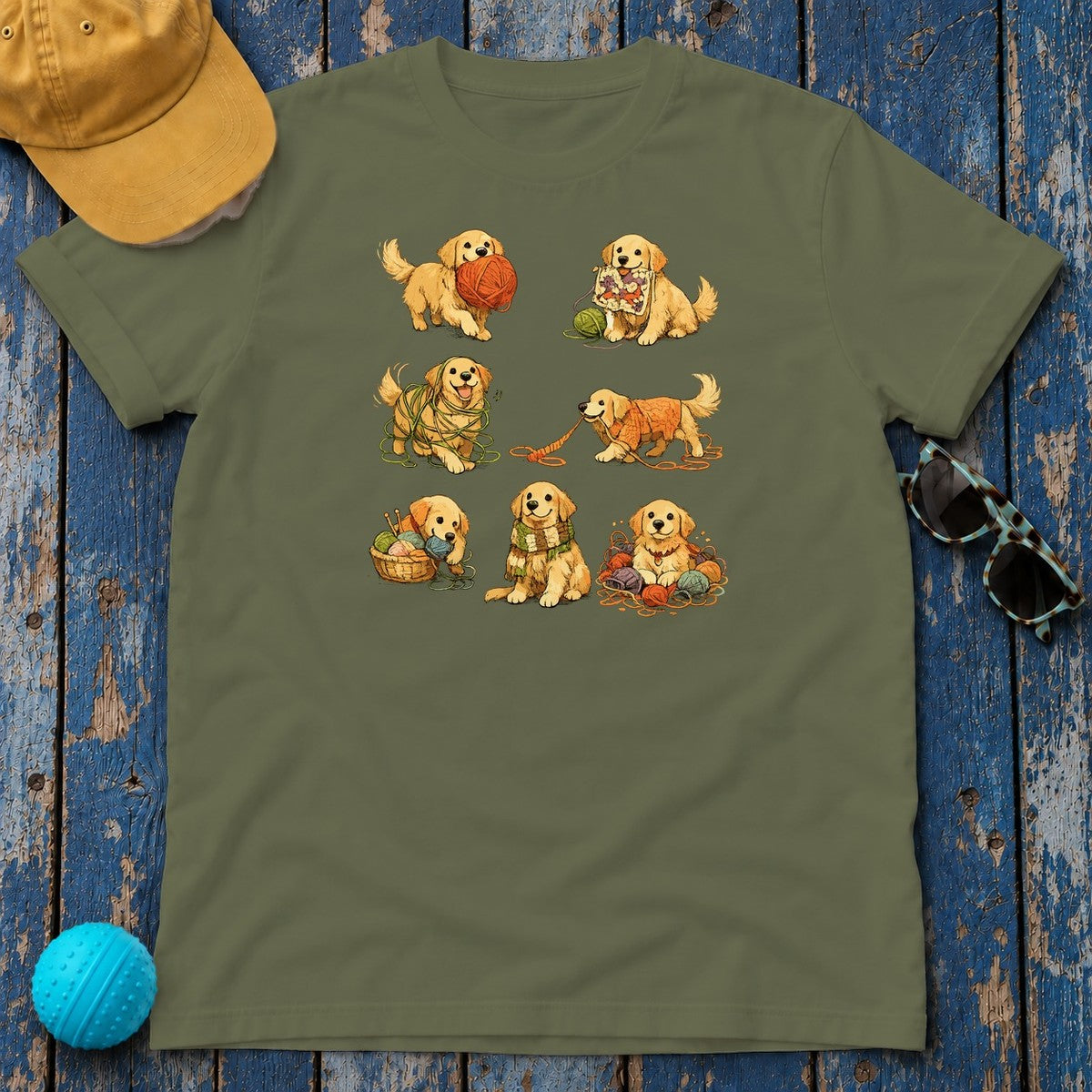 Playful Yarn Golden Retriever Puppies T-Shirt in Military Green