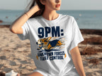 White t-shirt with "9PM: UNKNOWN FORCES TAKE CONTROL" and a running corgi.