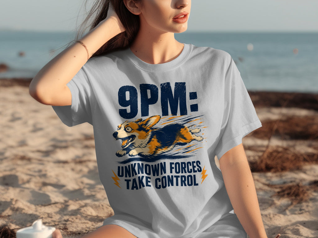 Grey t-shirt with a corgi and text "9PM: UNKNOWN FORCES TAKE CONTROL".