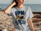 Grey t-shirt with a corgi and text "9PM: UNKNOWN FORCES TAKE CONTROL".