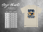Gildan 5000 size chart with t-shirt graphic and "9PM: Unknown Forces Take Control" text.