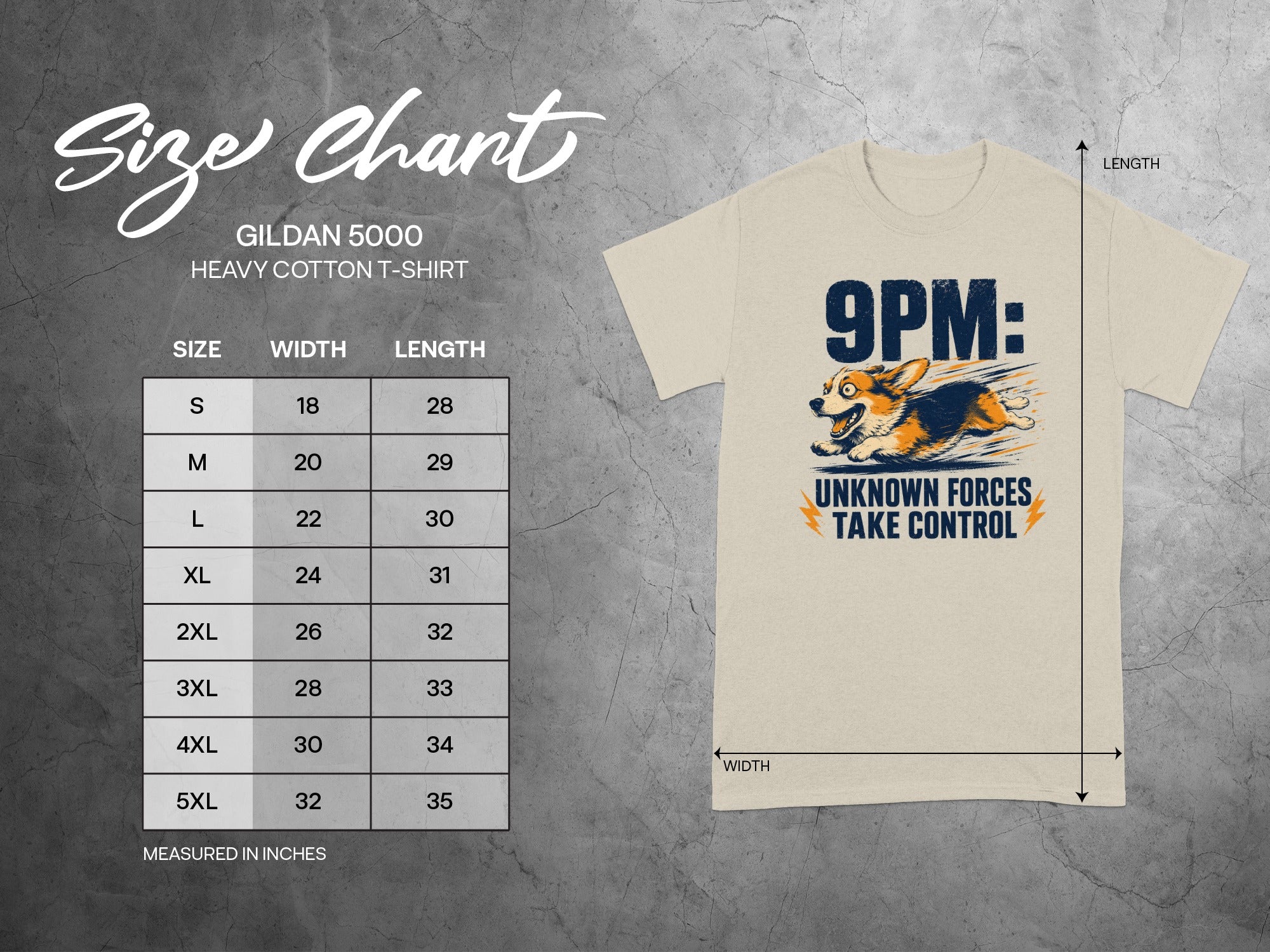Gildan 5000 size chart with t-shirt graphic and "9PM: Unknown Forces Take Control" text.