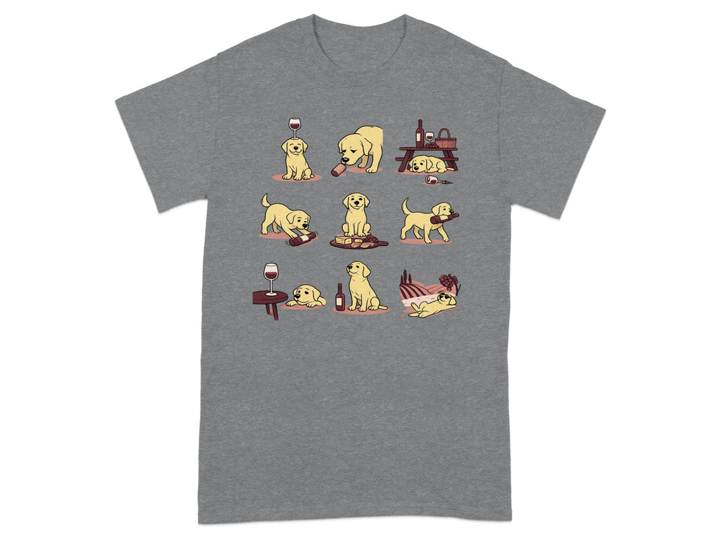 Cartoon dogs interacting with wine bottles, glasses, and picnic items.