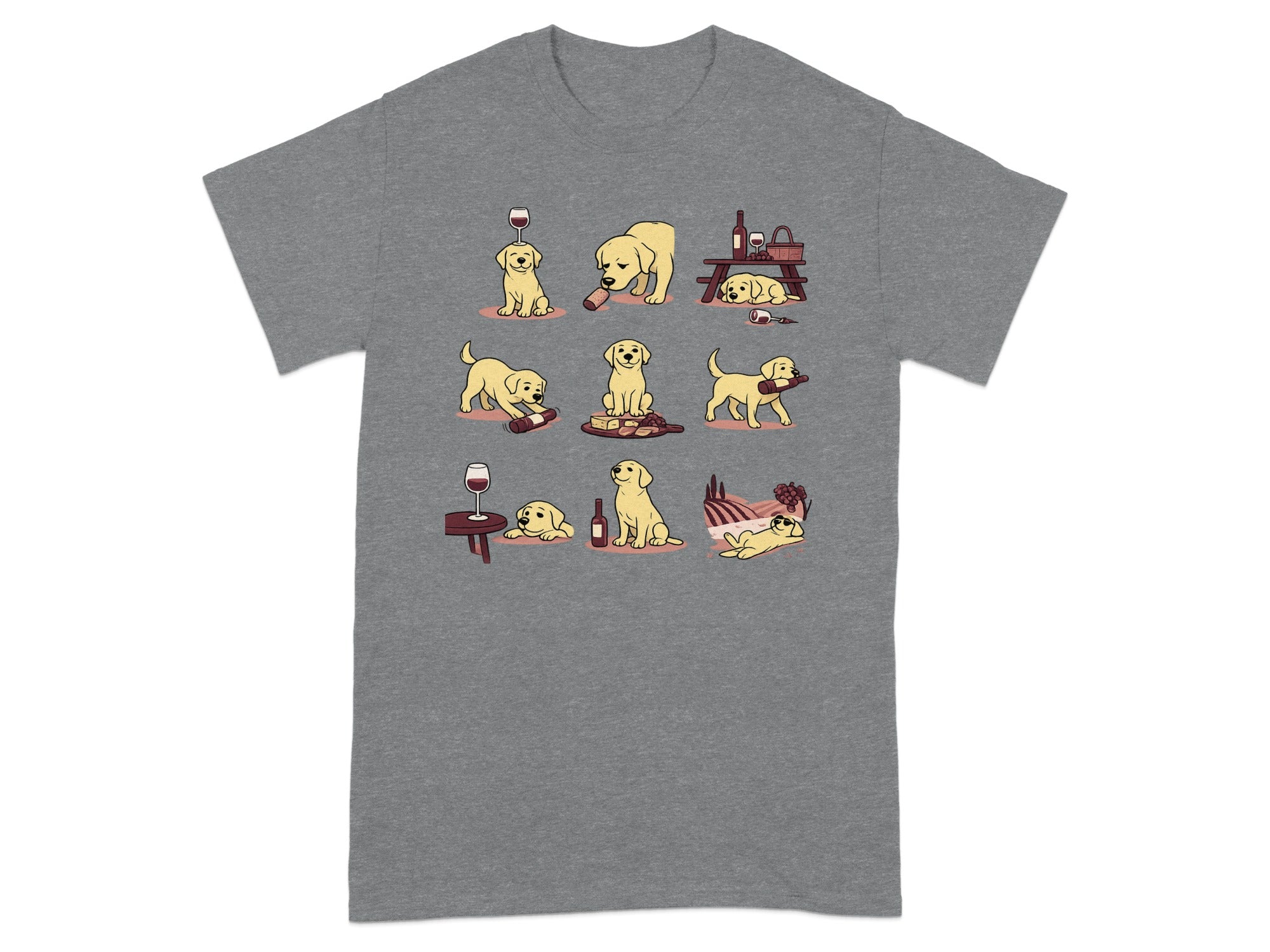 Cartoon dogs interacting with wine bottles, glasses, and picnic items.
