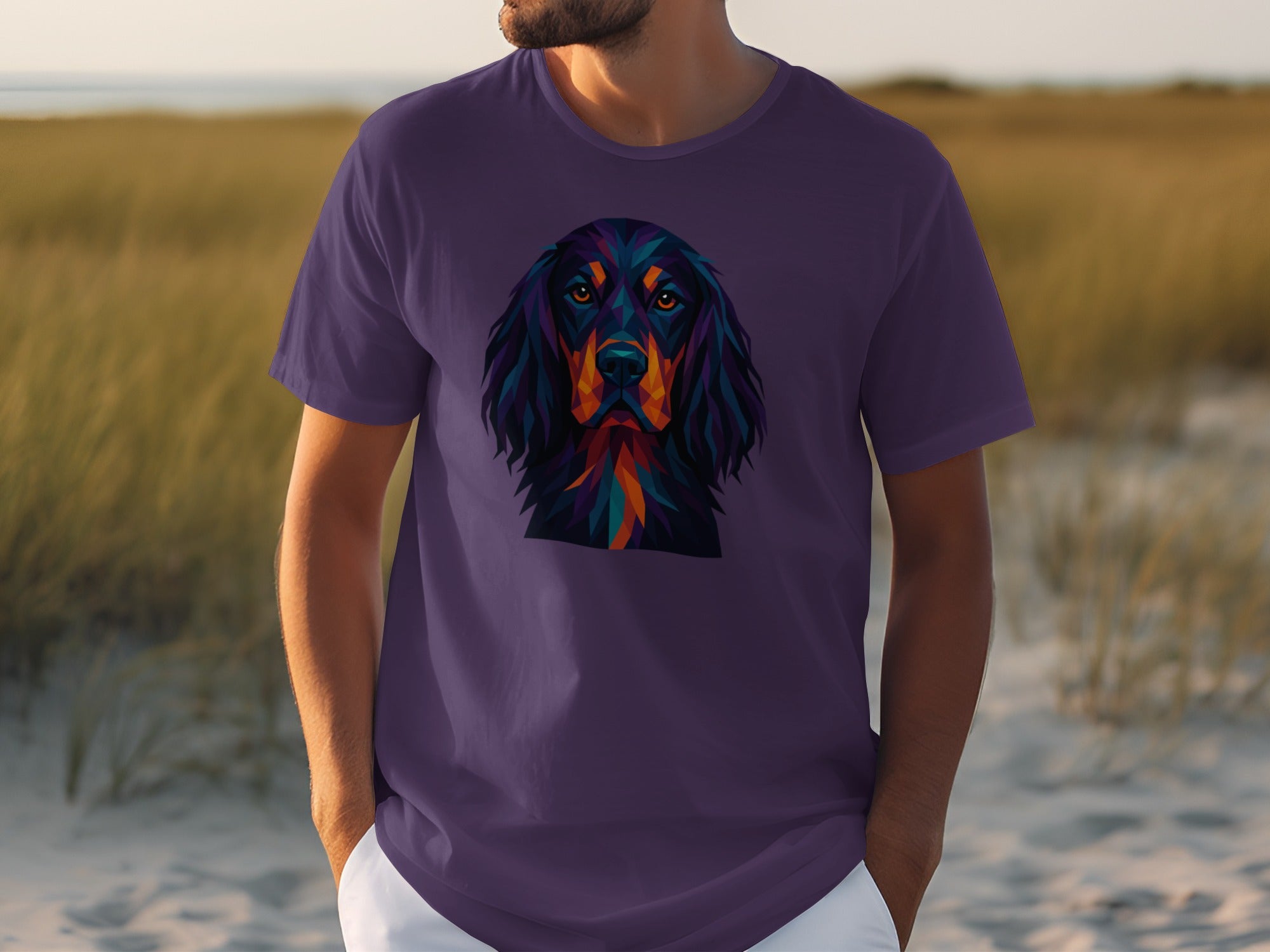 Colorful Abstract Dog Art on Purple T-Shirt
