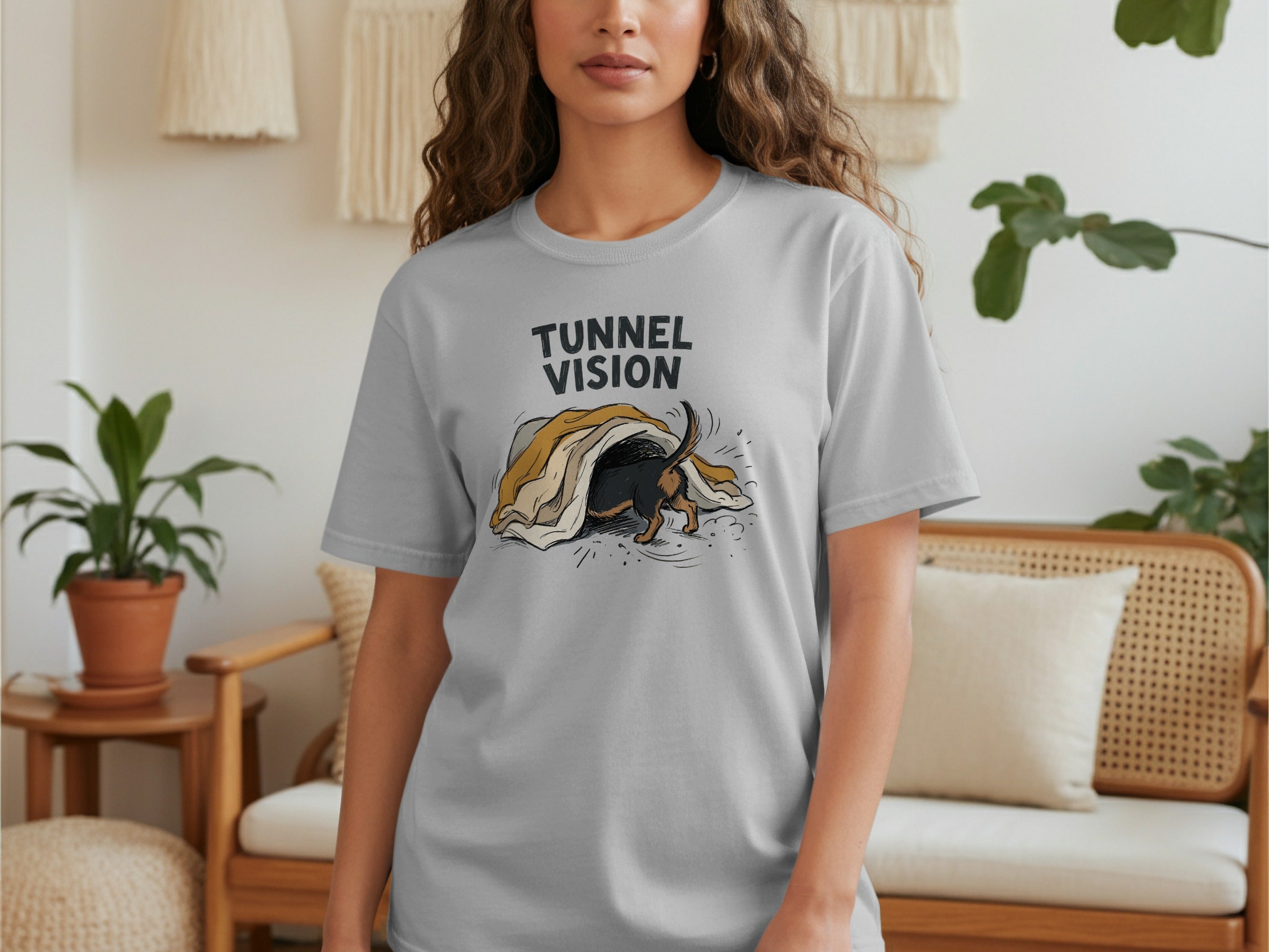 Grey t-shirt with "TUNNEL VISION" text and a dachshund emerging from a tunnel.