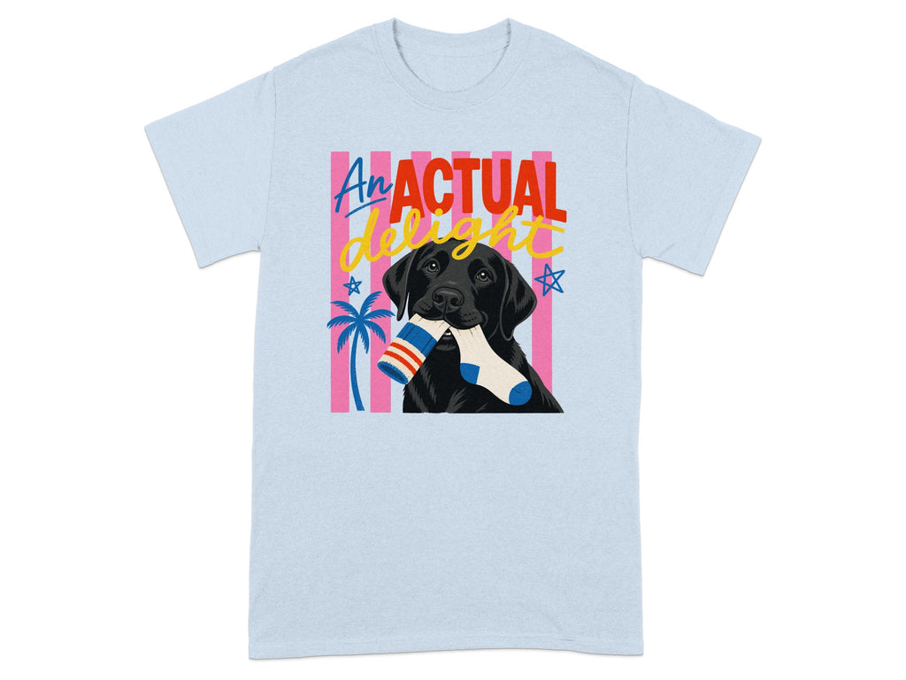 Black Labrador holding a sock in its mouth, text "An ACTUAL delight" on shirt.