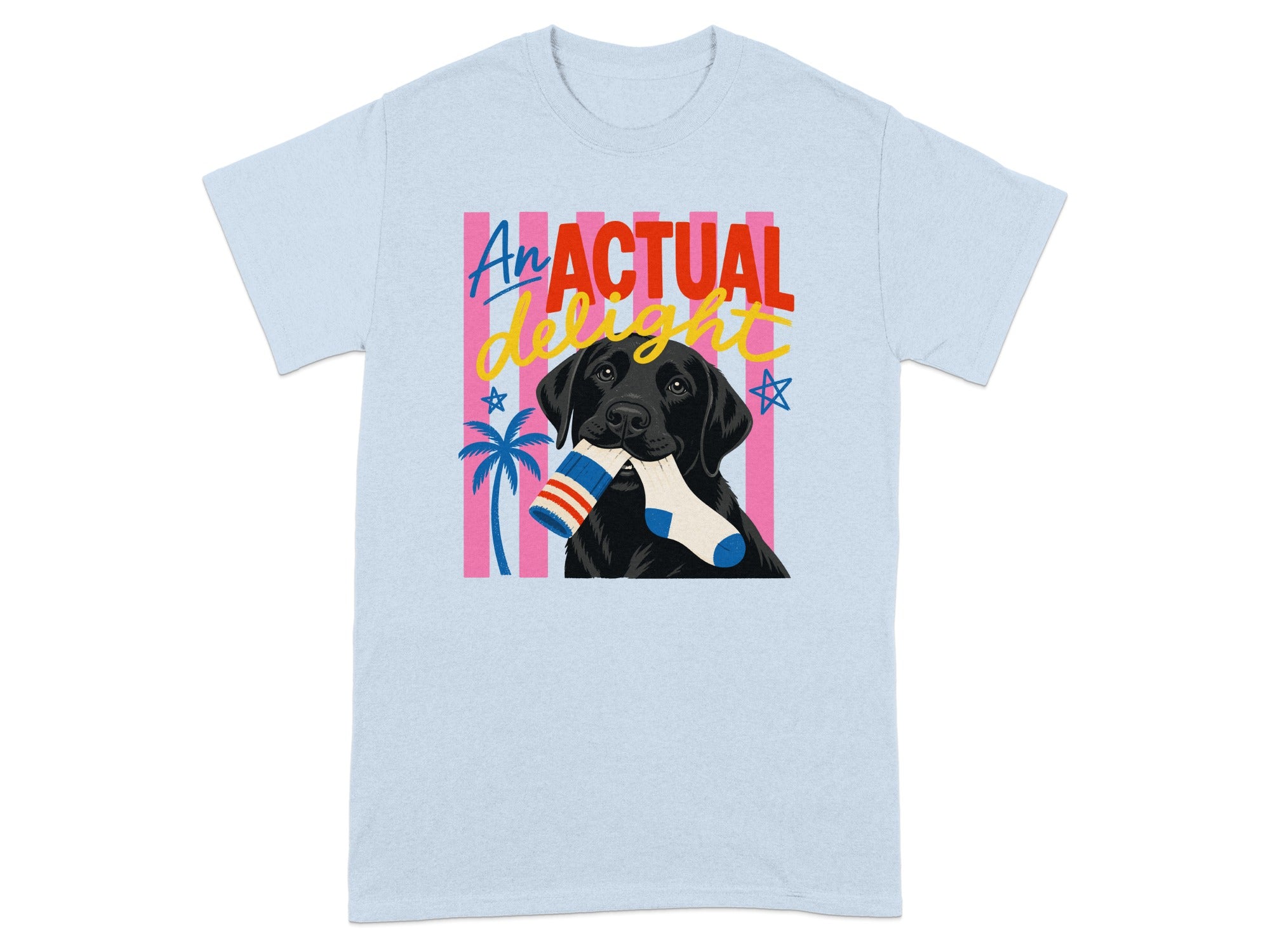 Black Labrador holding a sock in its mouth, text "An ACTUAL delight" on shirt.
