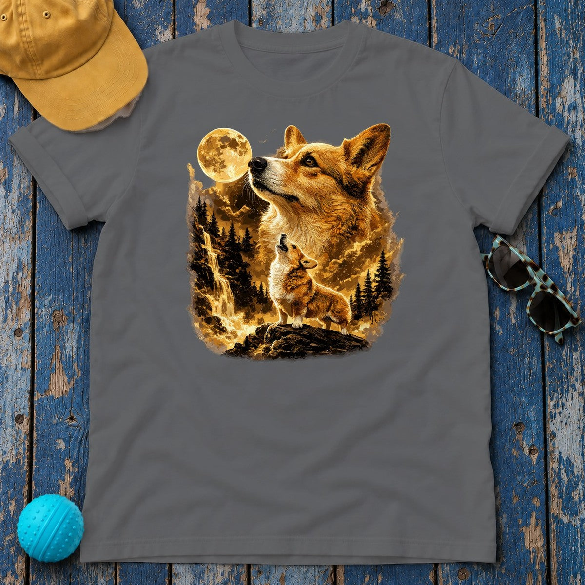 Golden Corgi Moonlight T-Shirt in Graphite Heather