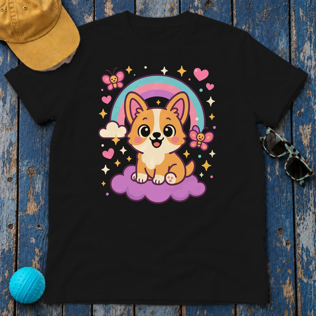 Corgi Dog on Cloud T-Shirt in Black