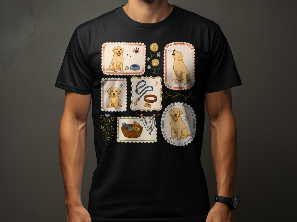 Collection of playful golden retriever illustrations with dog accessories on a black t-shirt.