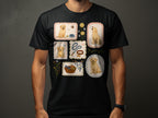 Collection of playful golden retriever illustrations with dog accessories on a black t-shirt.