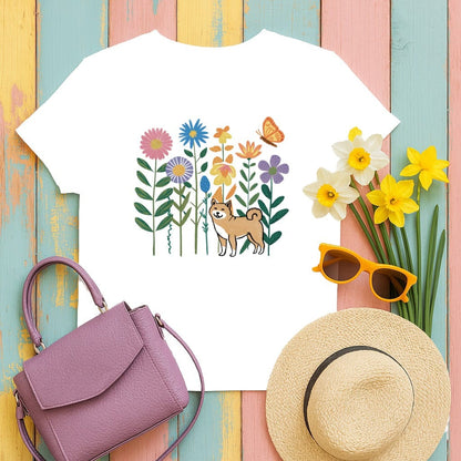 Floral Garden Dog and Butterfly Design T-Shirt product type