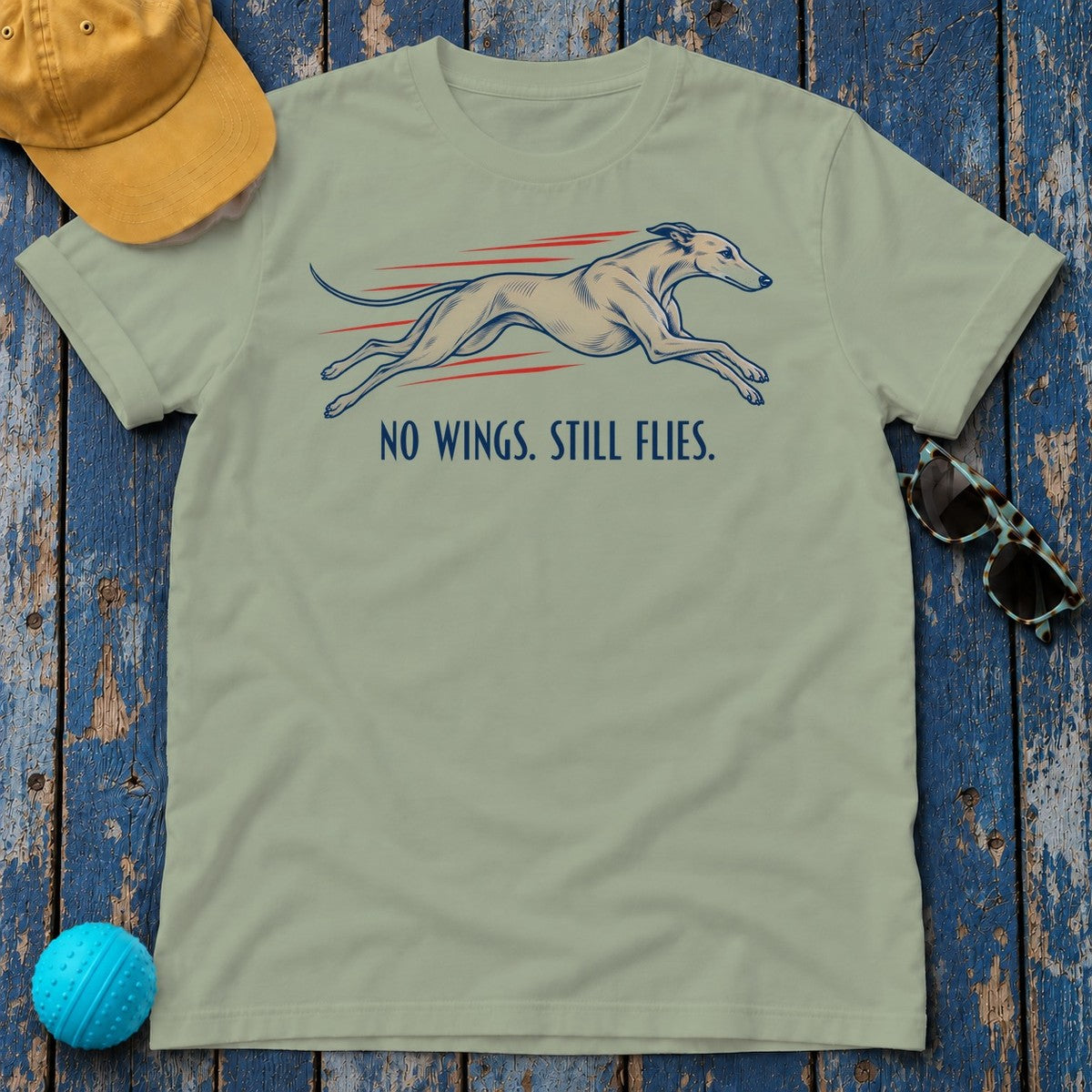 No Wings Still Flies Greyhound T-Shirt in Sage - flat lay