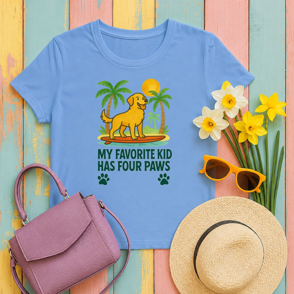 My Favorite Kid Has Four Paws Smiling Golden Retriever T-Shirt in Carolina Blue