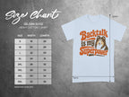 Gildan 5000 size chart and t-shirt with "Backtalk is my Superpower" text.