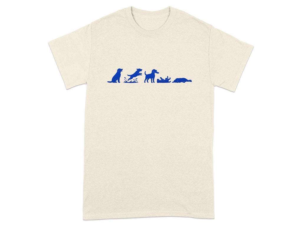 Cream t-shirt with a blue graphic of a dog's progression from sitting to rolling.