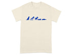 Cream t-shirt with a blue graphic of a dog's progression from sitting to rolling.