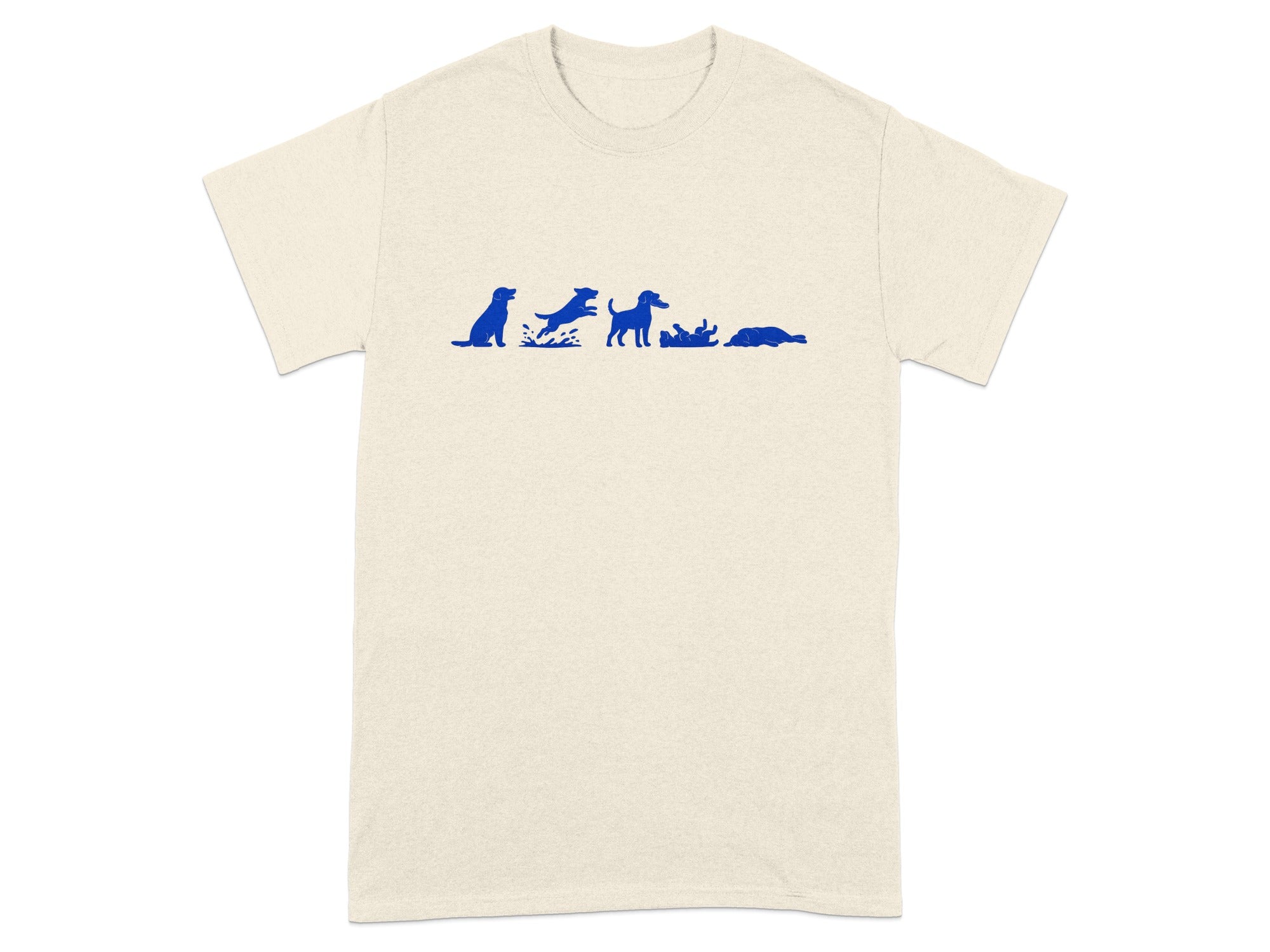 Cream t-shirt with a blue graphic of a dog's progression from sitting to rolling.