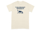 Cream t-shirt with dog illustration and "My Dog's Hobbies" text.