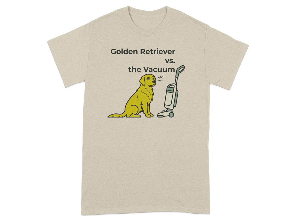 Golden Retriever sitting warily in front of a vacuum cleaner, text reads "Golden Retriever vs. the Vacuum".