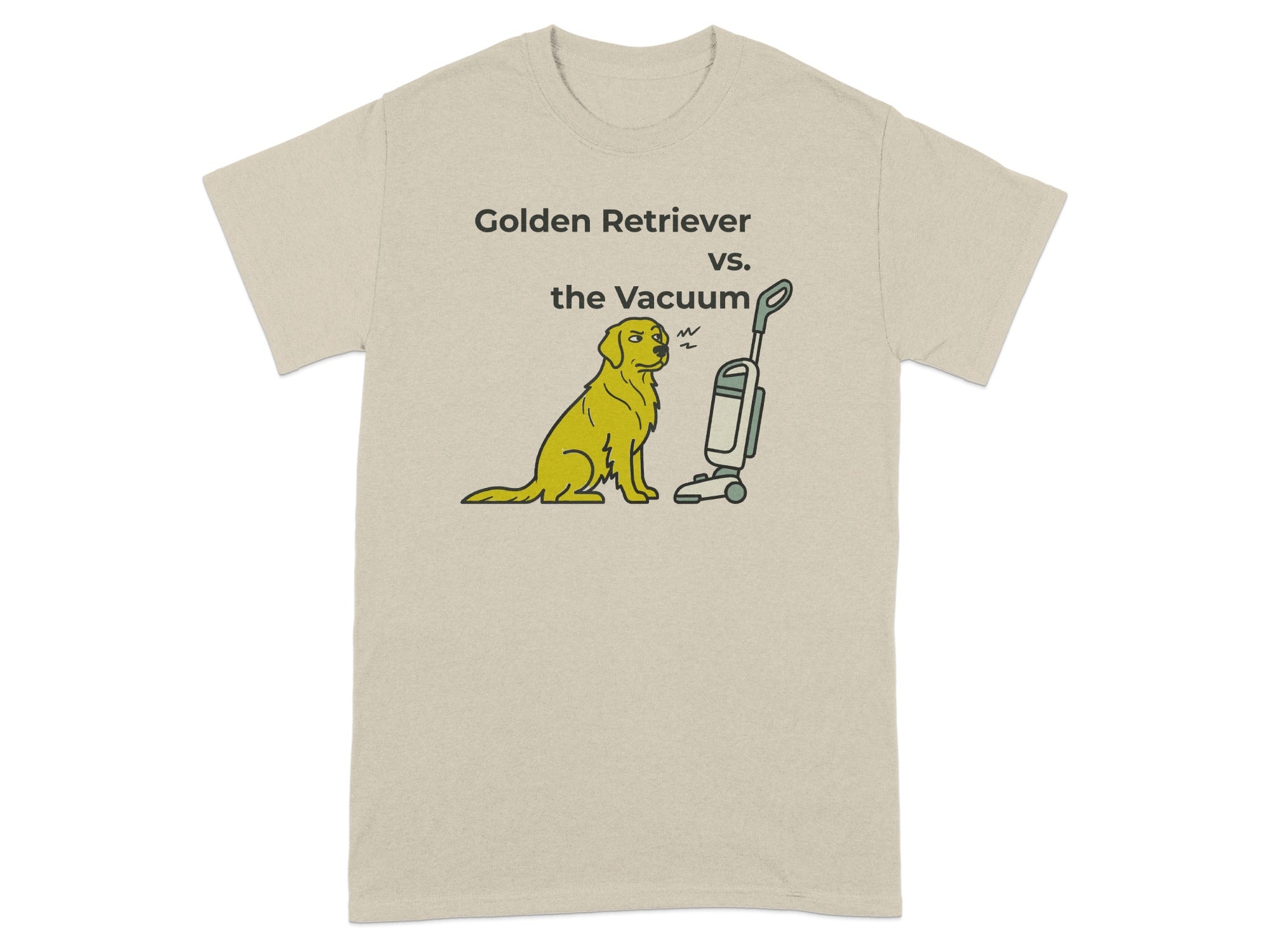 Golden Retriever sitting warily in front of a vacuum cleaner, text reads "Golden Retriever vs. the Vacuum".