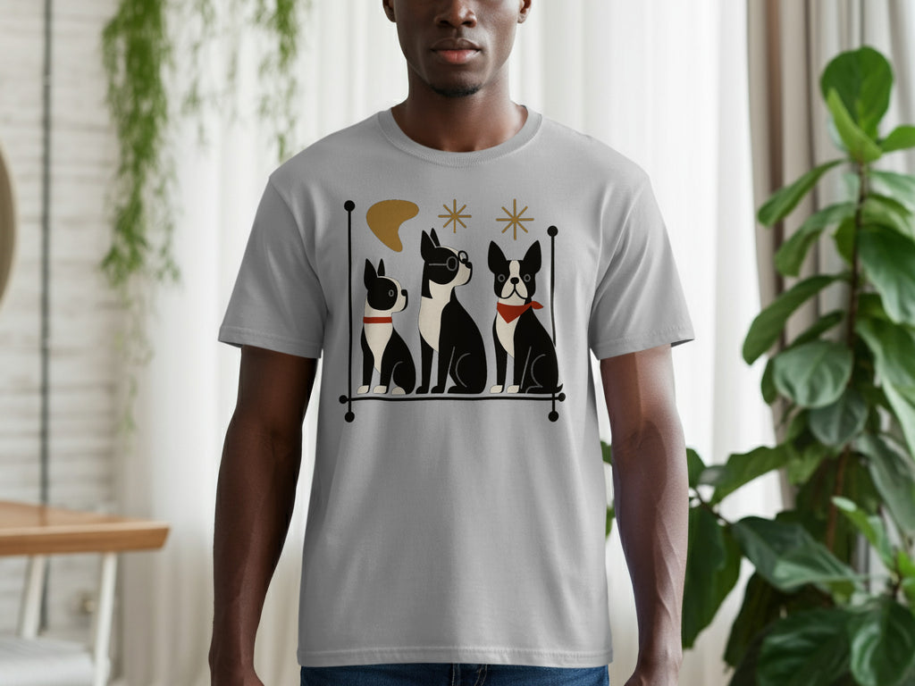 Grey t-shirt with a graphic of three cartoon Boston terriers in a retro style.
