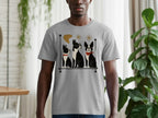 Grey t-shirt with a graphic of three cartoon Boston terriers in a retro style.