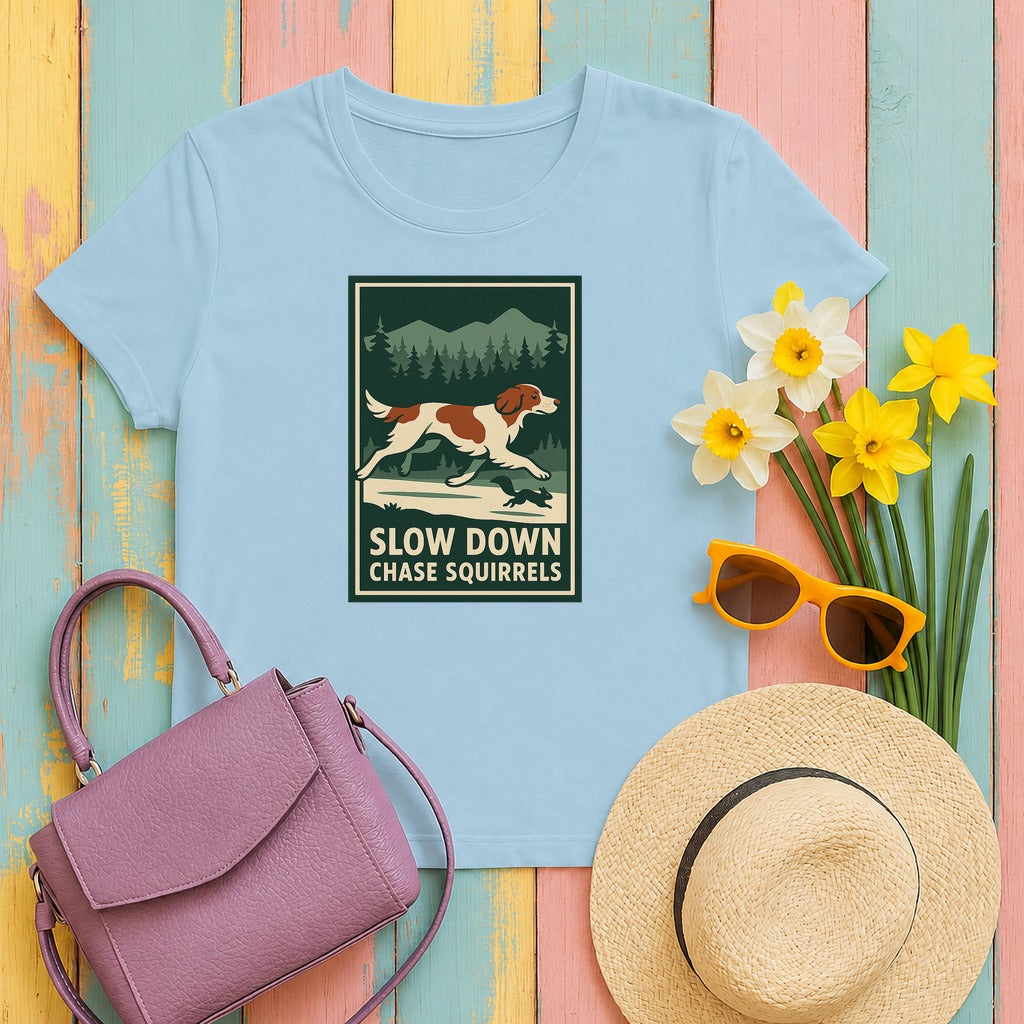 Irish Red and White Setter Slow Down Chase Squirrels Tee in Light Blue