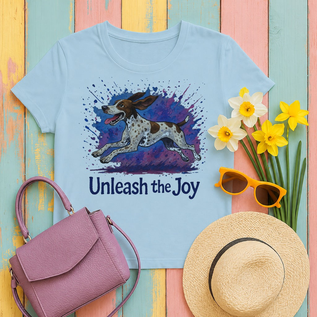 migbackfill unleash-the-joy-german-shorthaired-pointer-t-shi tee flat lay hero v8