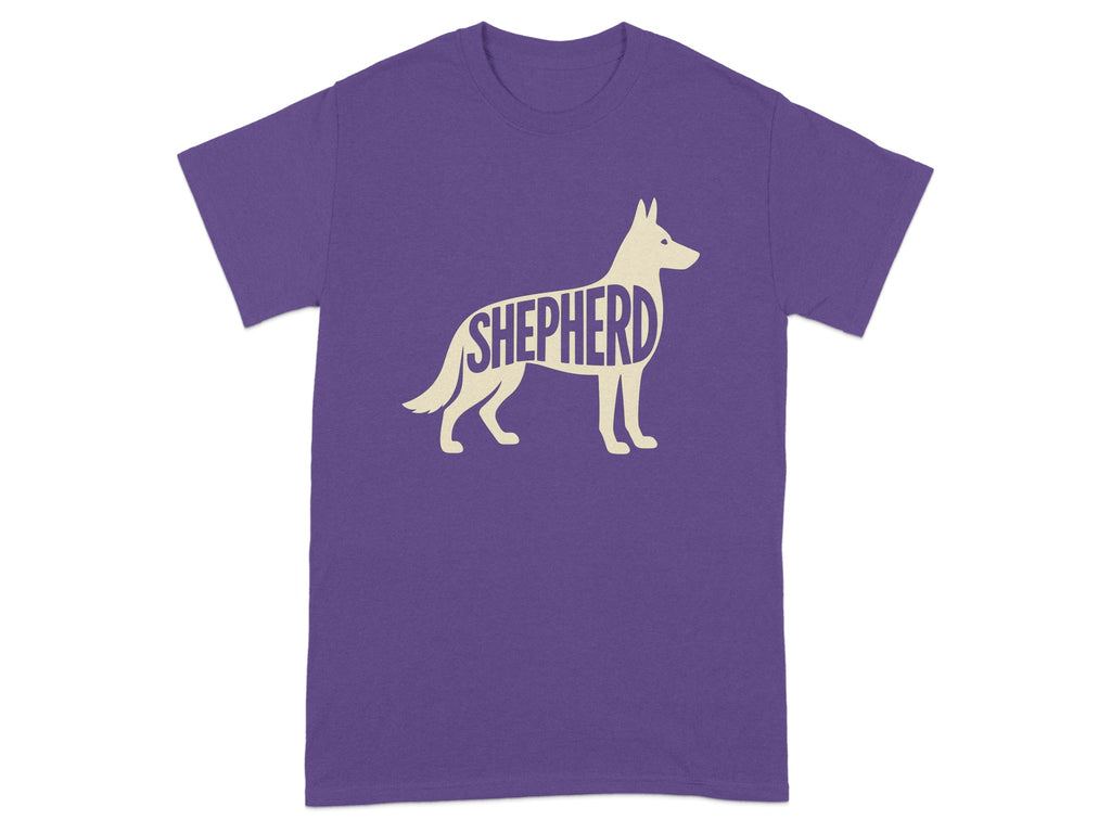 Purple t-shirt with a cream-colored outline of a German Shepherd dog filled with the word "SHEPHERD".