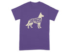 Purple t-shirt with a cream-colored outline of a German Shepherd dog filled with the word "SHEPHERD".